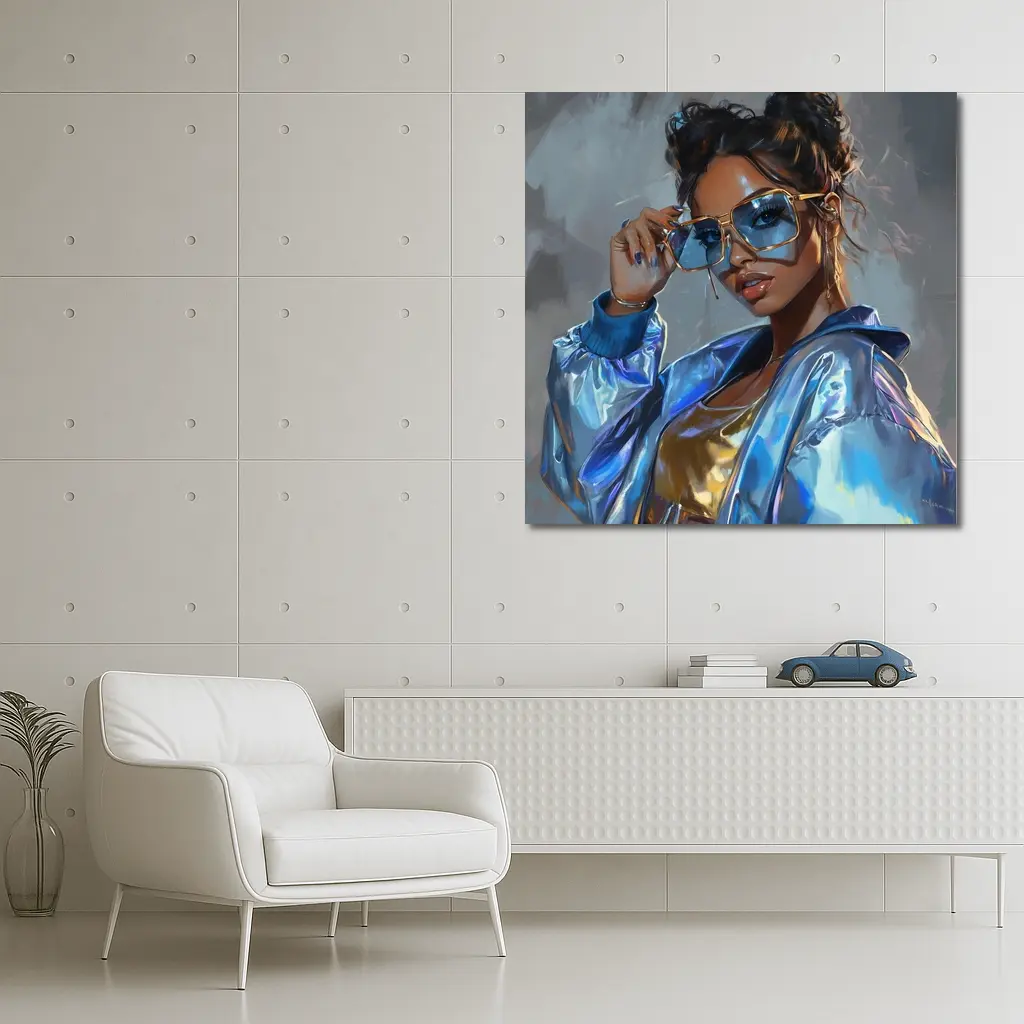Stylish Woman Gold Sunglasses Holographic Blue Jacket – Wall Art