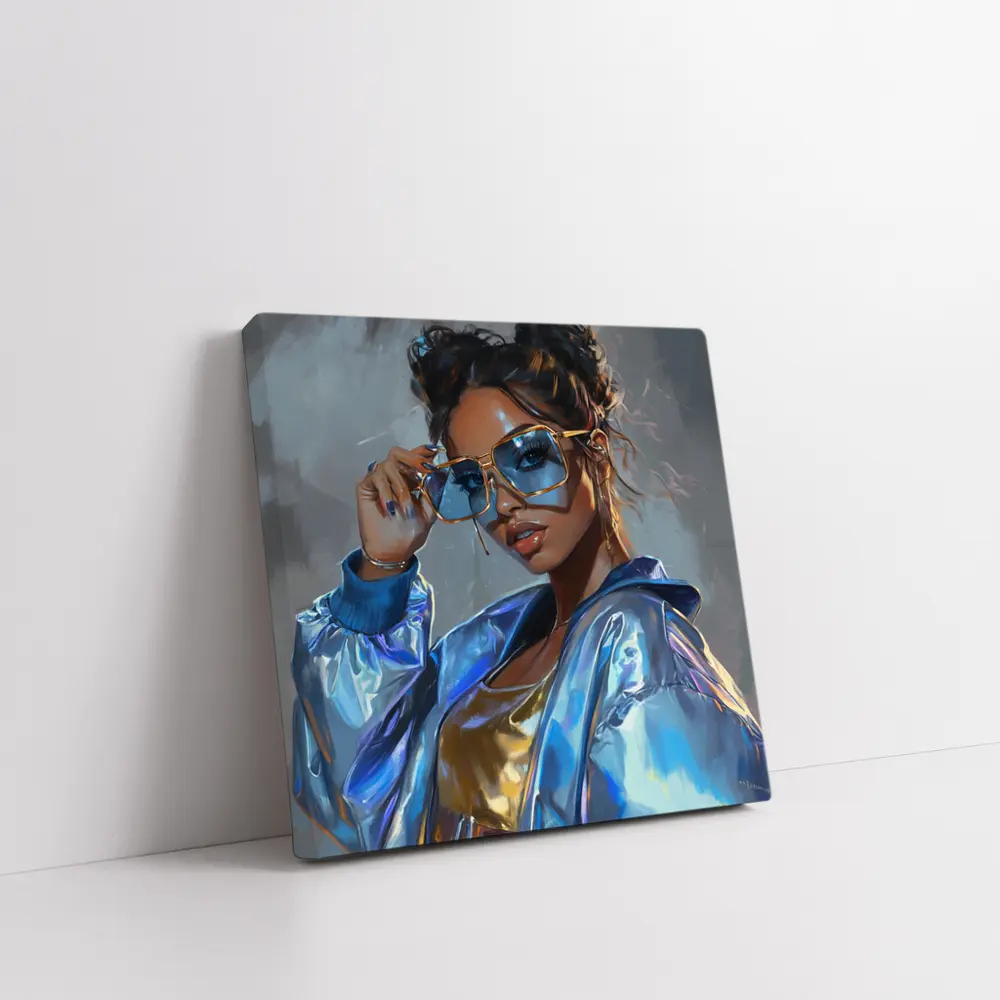 Stylish Woman Gold Sunglasses Holographic Blue Jacket – Wall Art