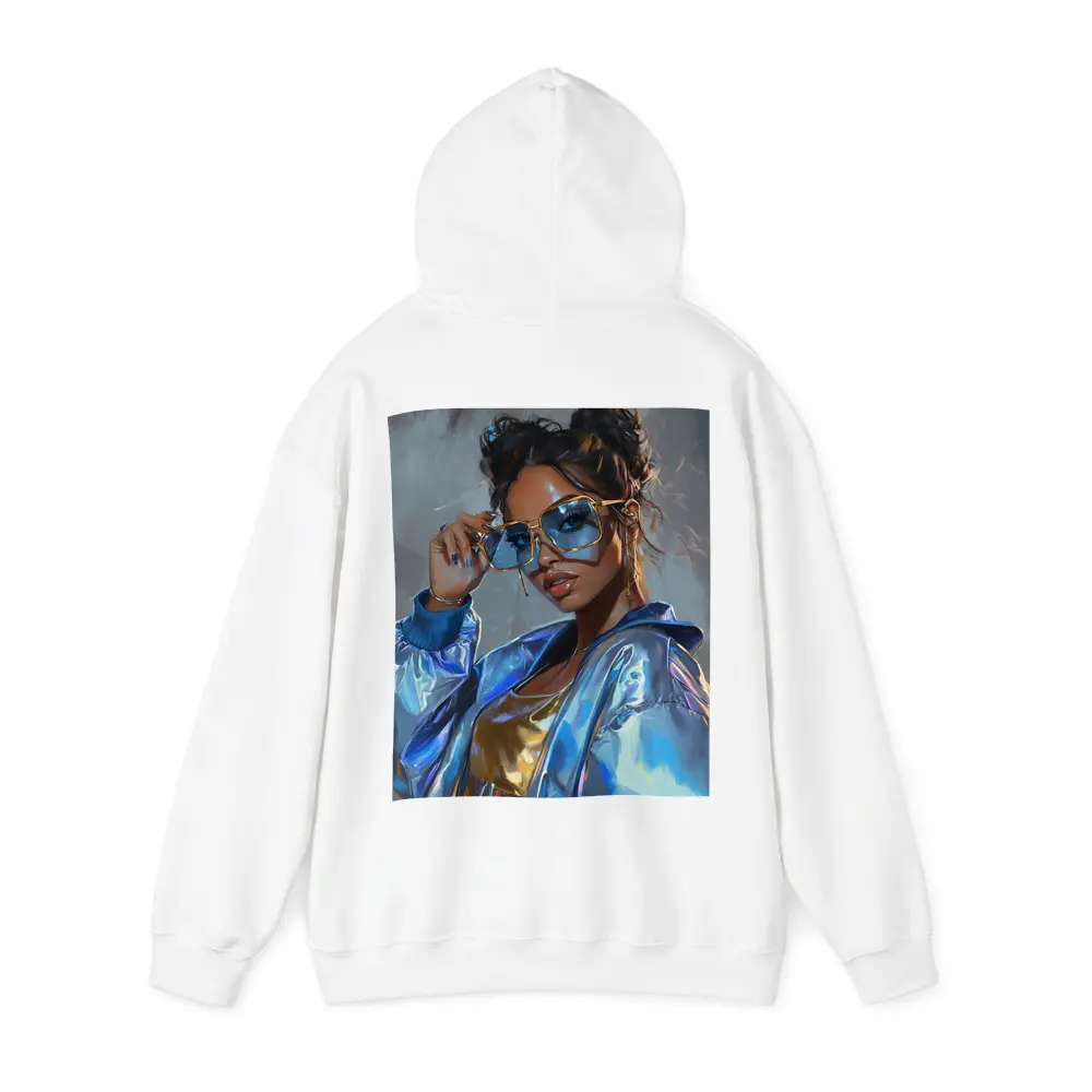 Stylish Woman Gold Sunglasses Holographic Blue Jacket – Hoodies