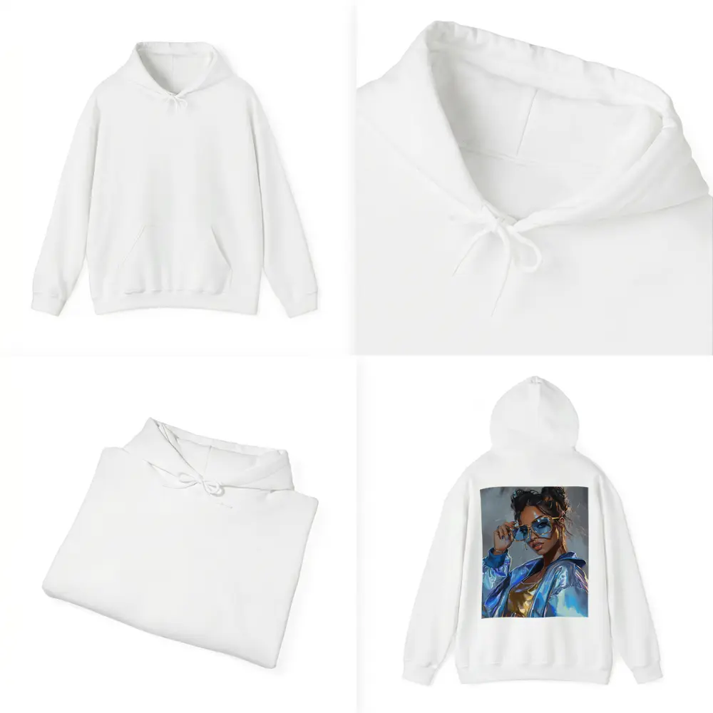 Stylish Woman Gold Sunglasses Holographic Blue Jacket – Hoodies