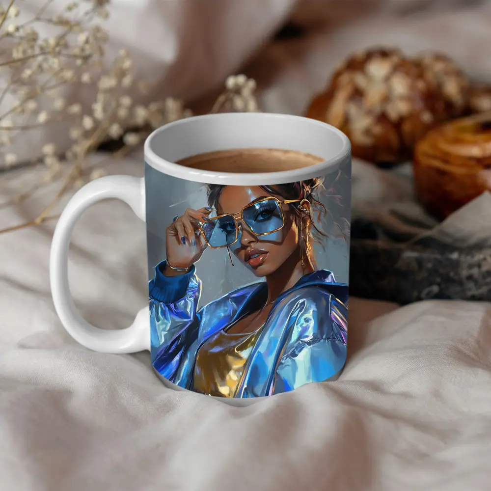 Stylish Woman Gold Sunglasses Holographic Blue Jacket – Mugs