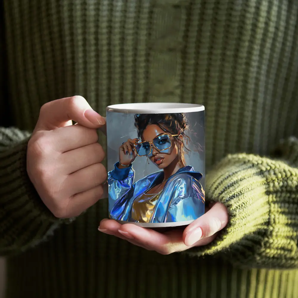 Stylish Woman Gold Sunglasses Holographic Blue Jacket – Mugs