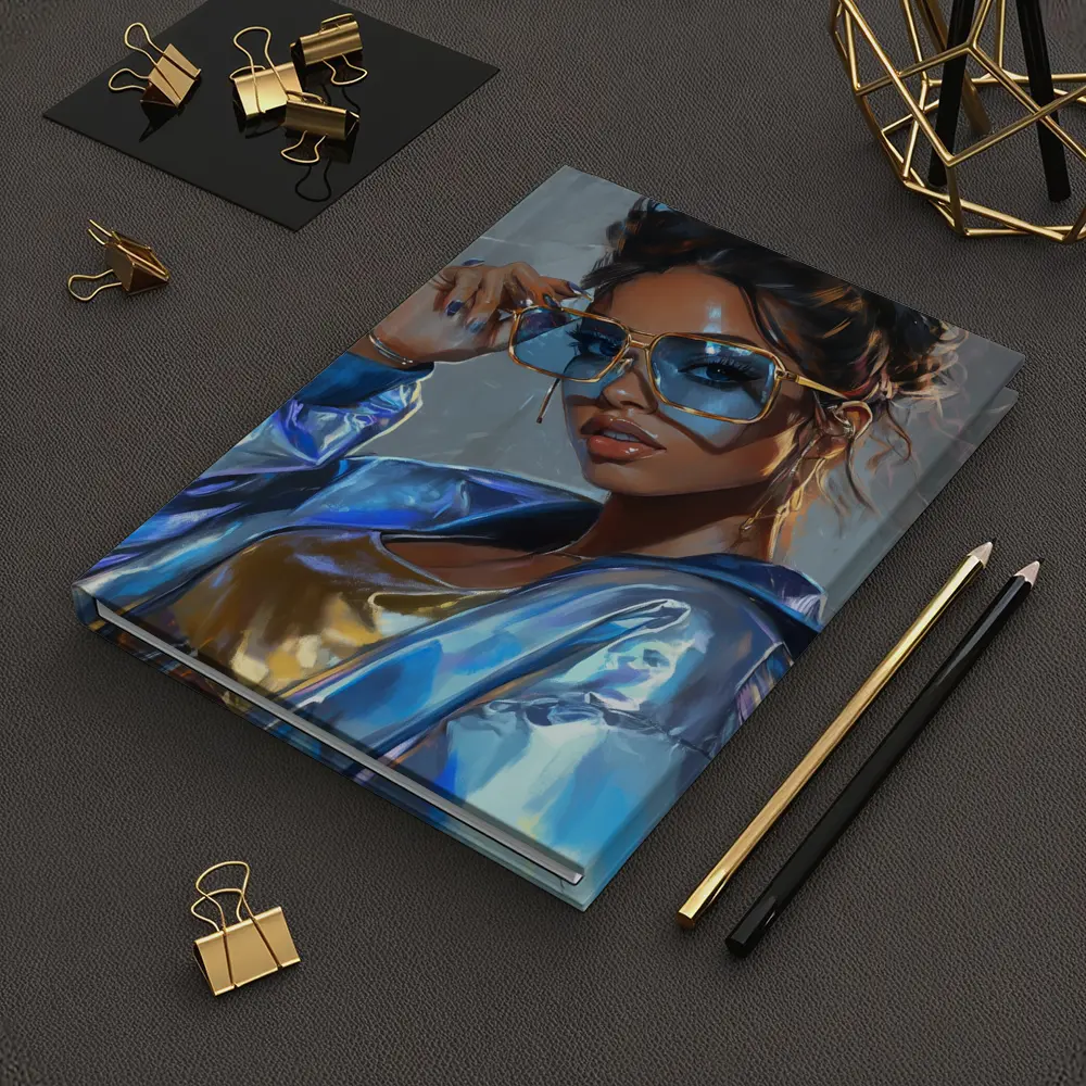 Stylish Woman Gold Sunglasses Holographic Blue Jacket – Notebooks
