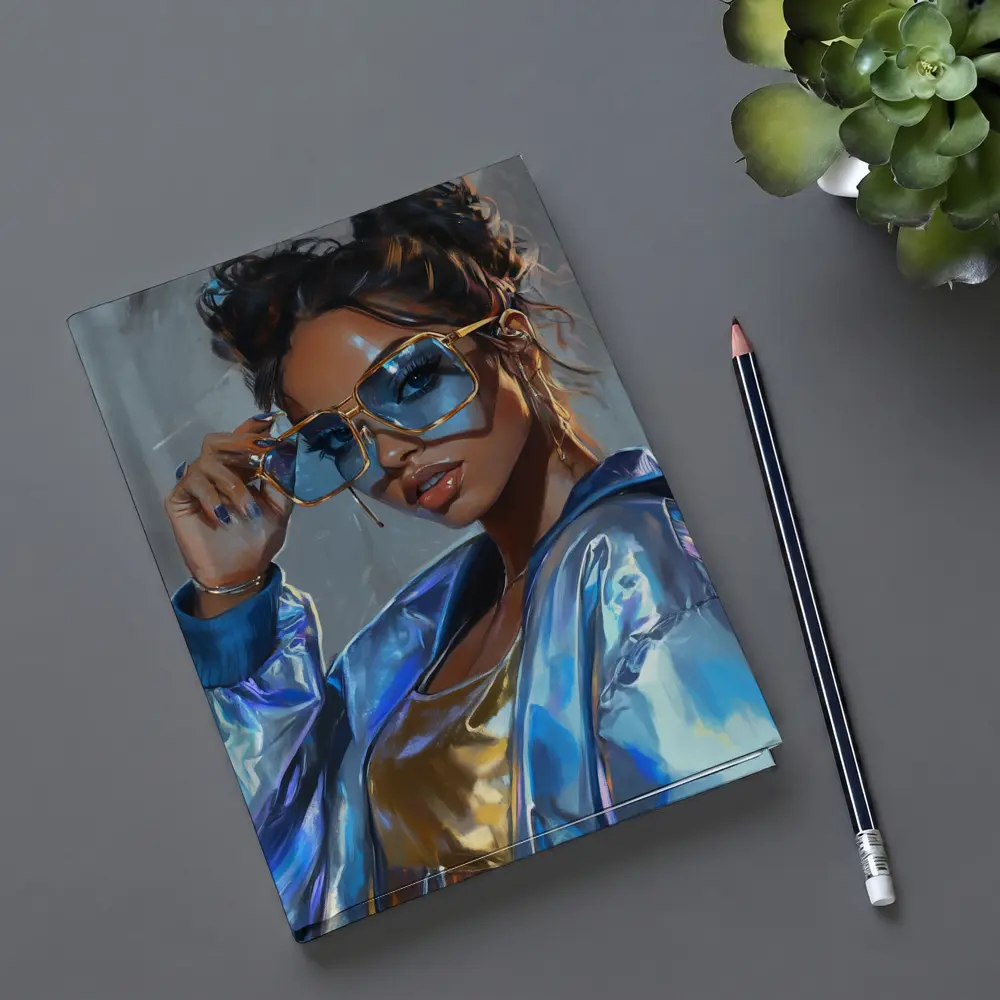 Stylish Woman Gold Sunglasses Holographic Blue Jacket – Notebooks