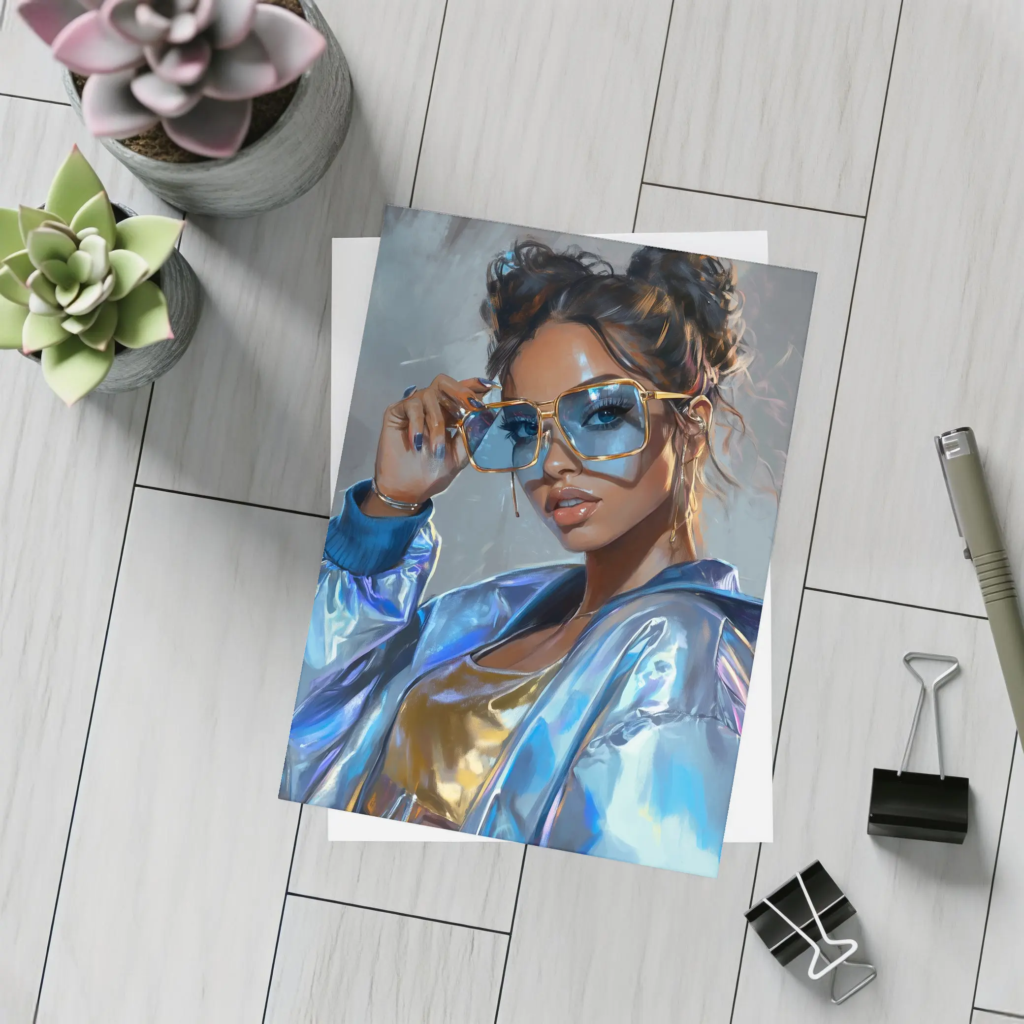 Stylish Woman Gold Sunglasses Holographic Blue Jacket – Postcards