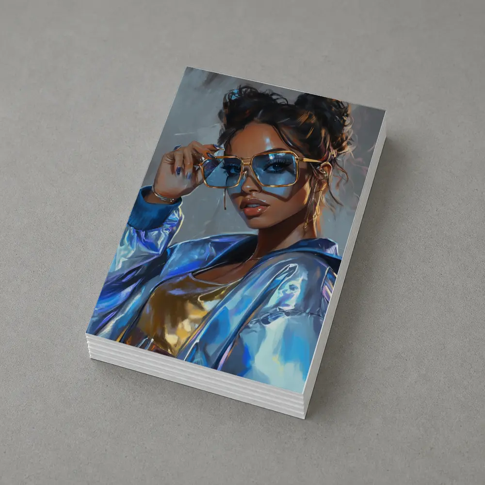 Stylish Woman Gold Sunglasses Holographic Blue Jacket – Postcards