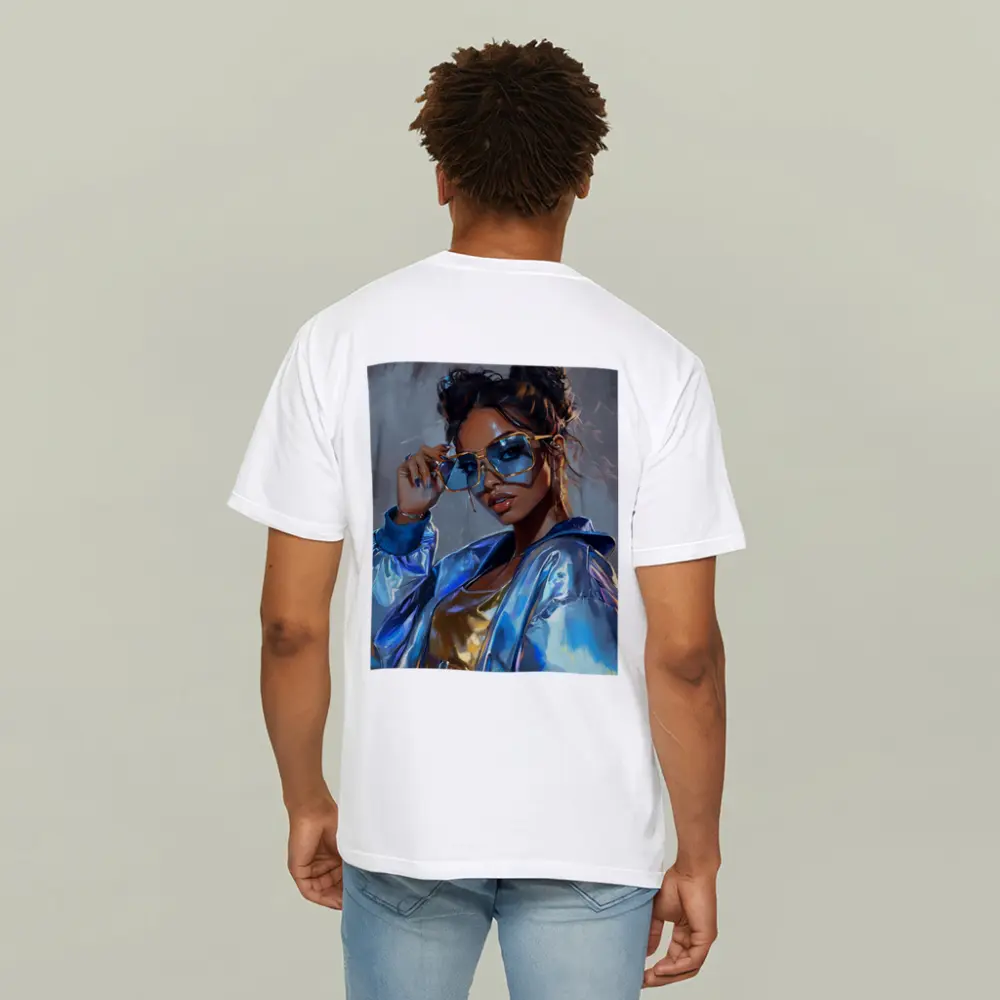 Stylish Woman Gold Sunglasses Holographic Blue Jacket – T-Shirts