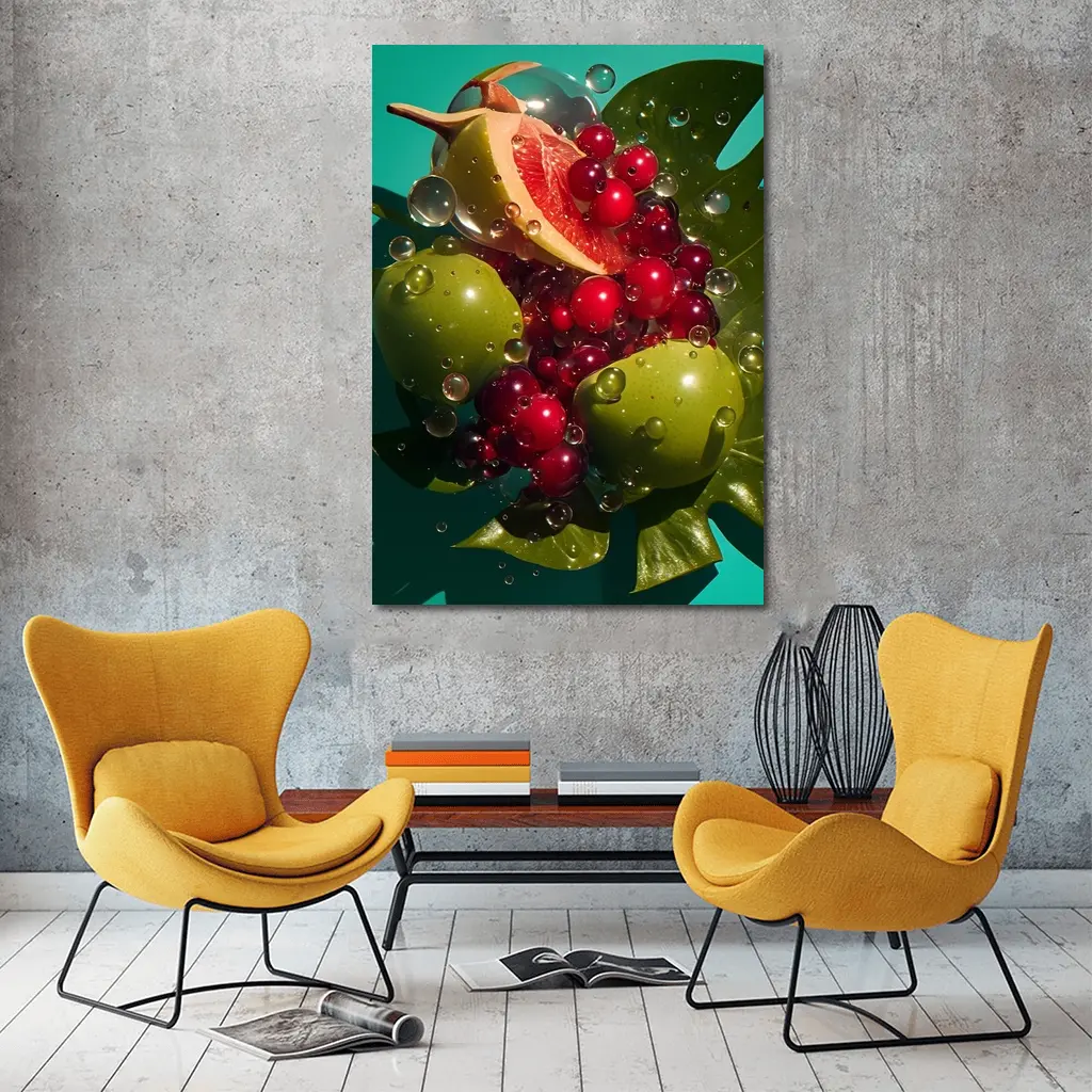 Grapefruit Cranberries Green Apples Teal Background – Wall Art