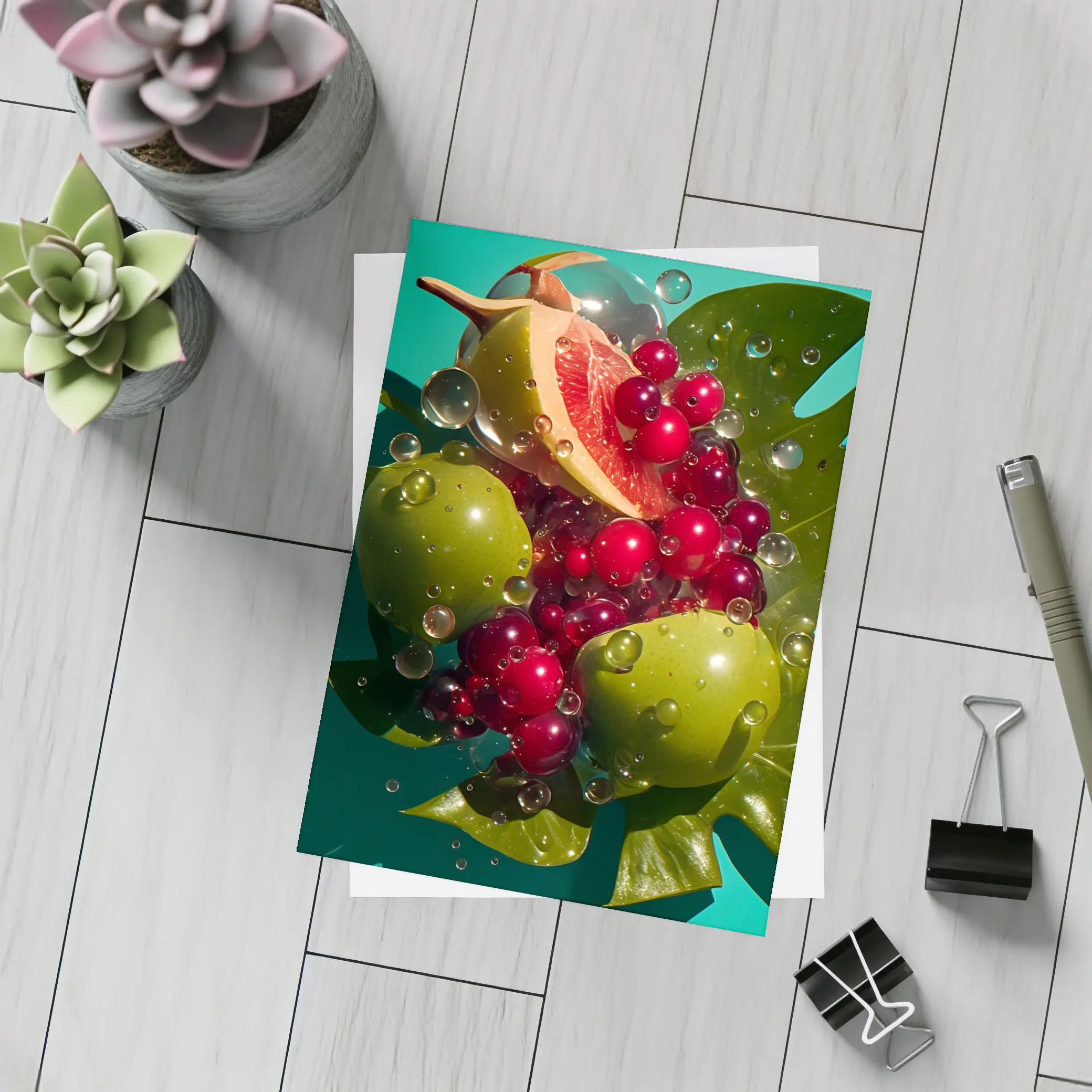Grapefruit Cranberries Green Apples Teal Background – Postcards
