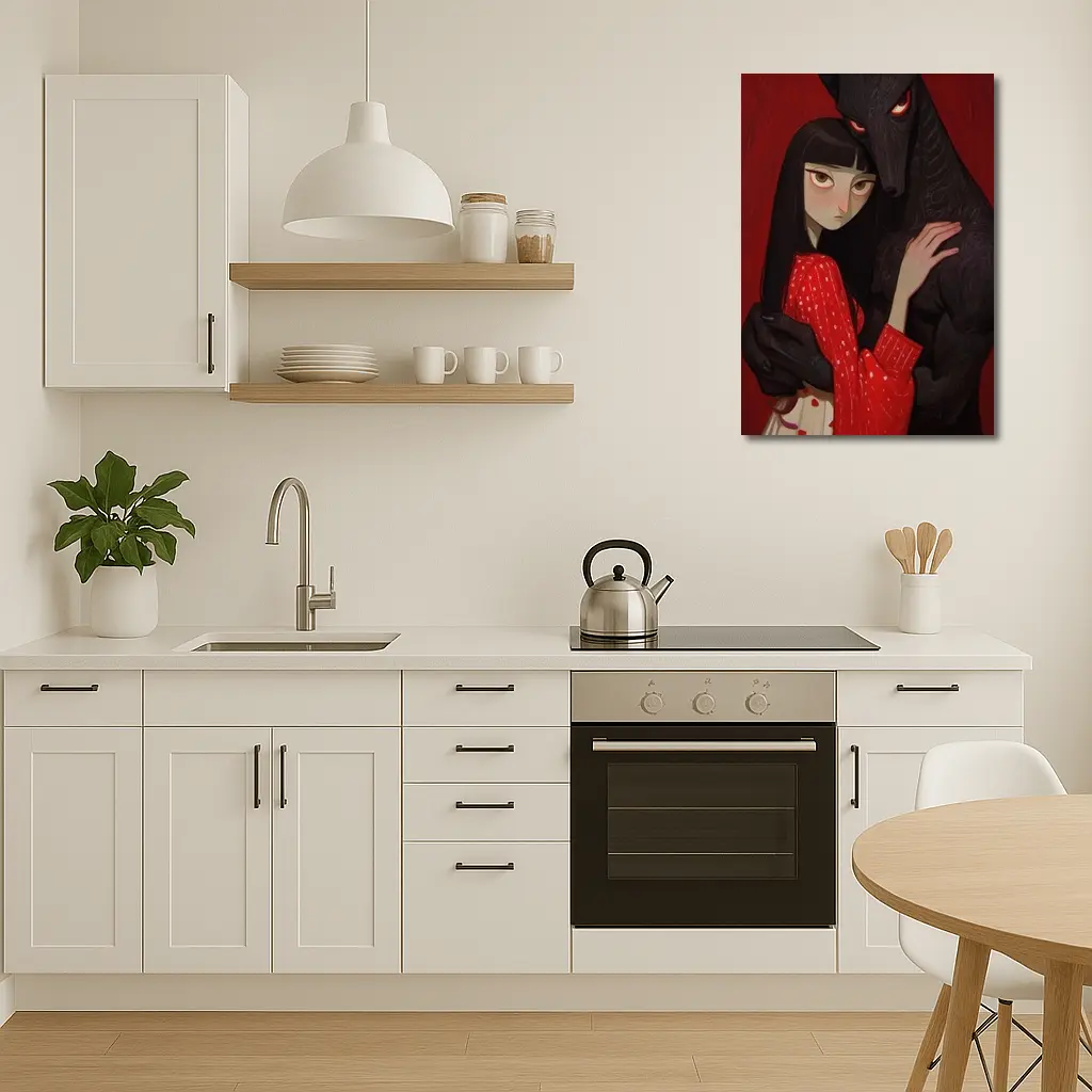 Dark Wolf Girl Red Background Gothic Art – Wall Art