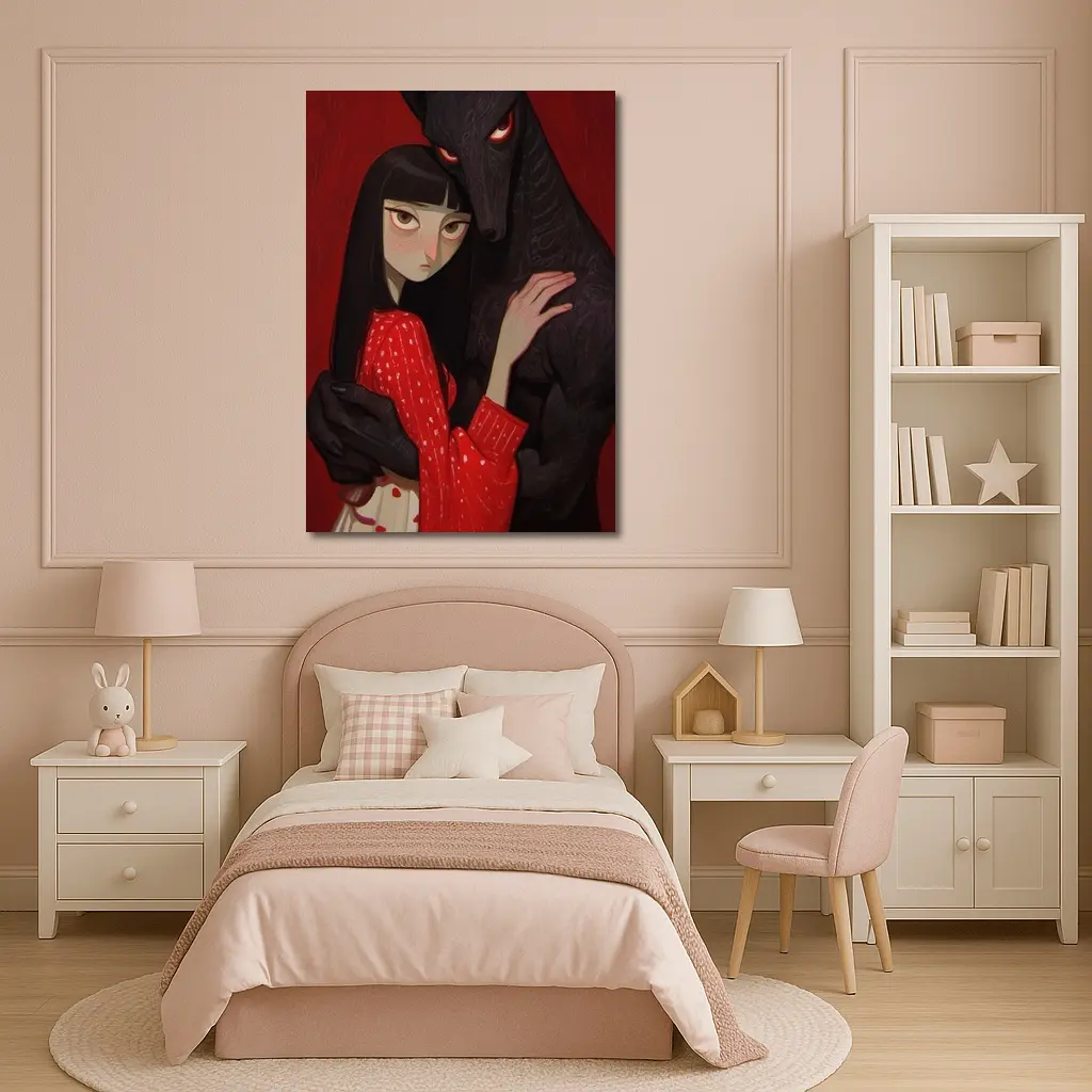 Dark Wolf Girl Red Background Gothic Art – Wall Art