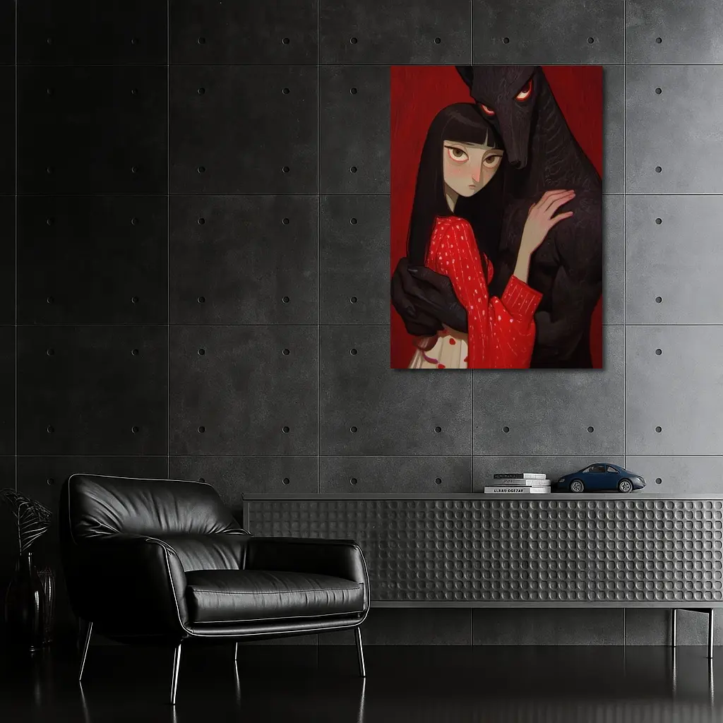 Dark Wolf Girl Red Background Gothic Art – Wall Art
