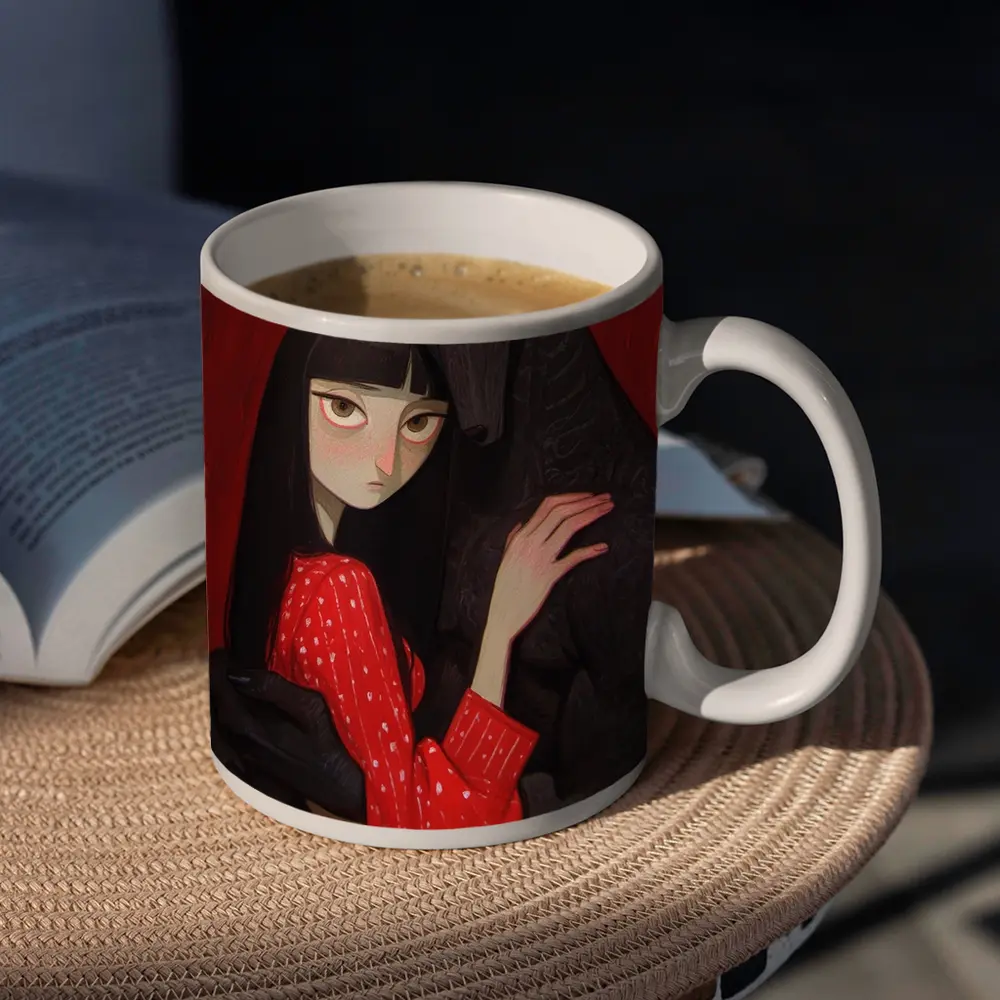 Dark Wolf Girl Red Background Gothic Art – Mugs