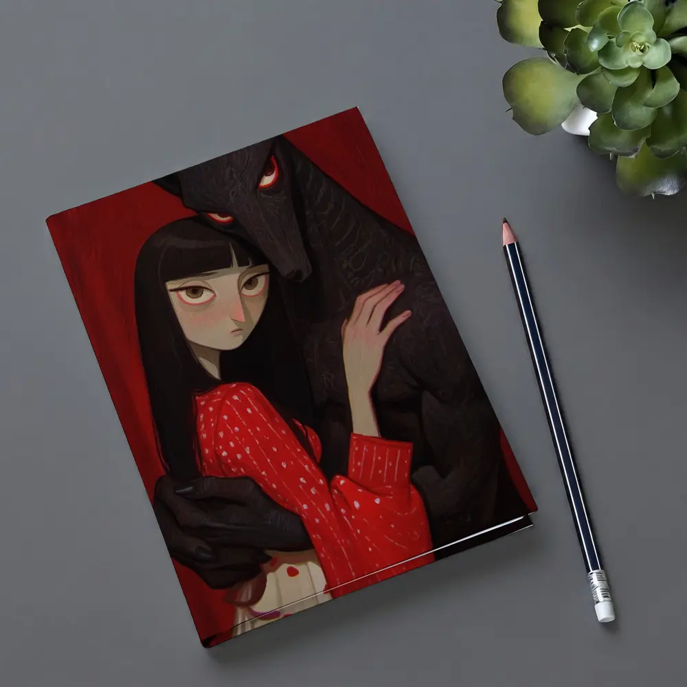 Dark Wolf Girl Red Background Gothic Art – Notebooks