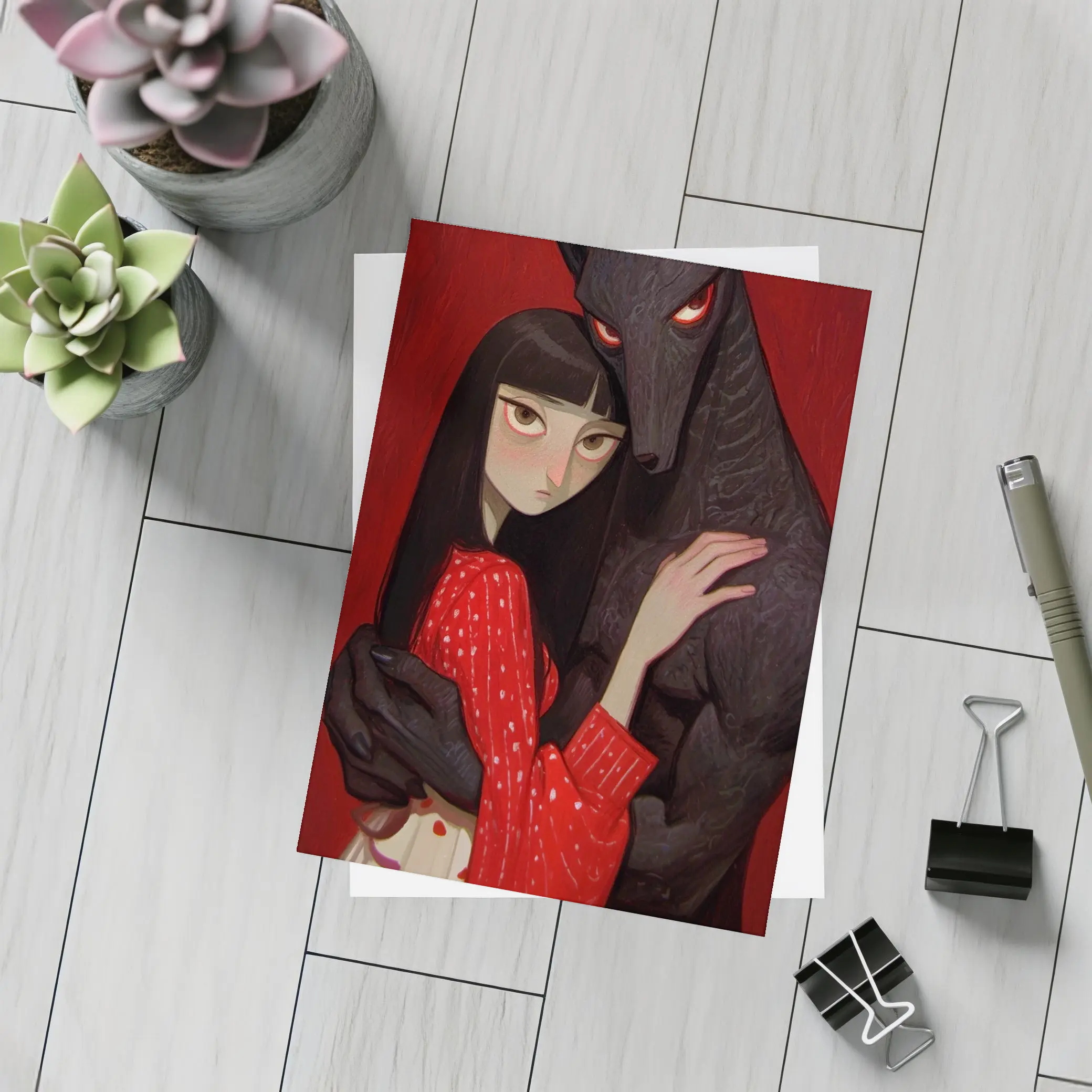 Dark Wolf Girl Red Background Gothic Art – Postcards
