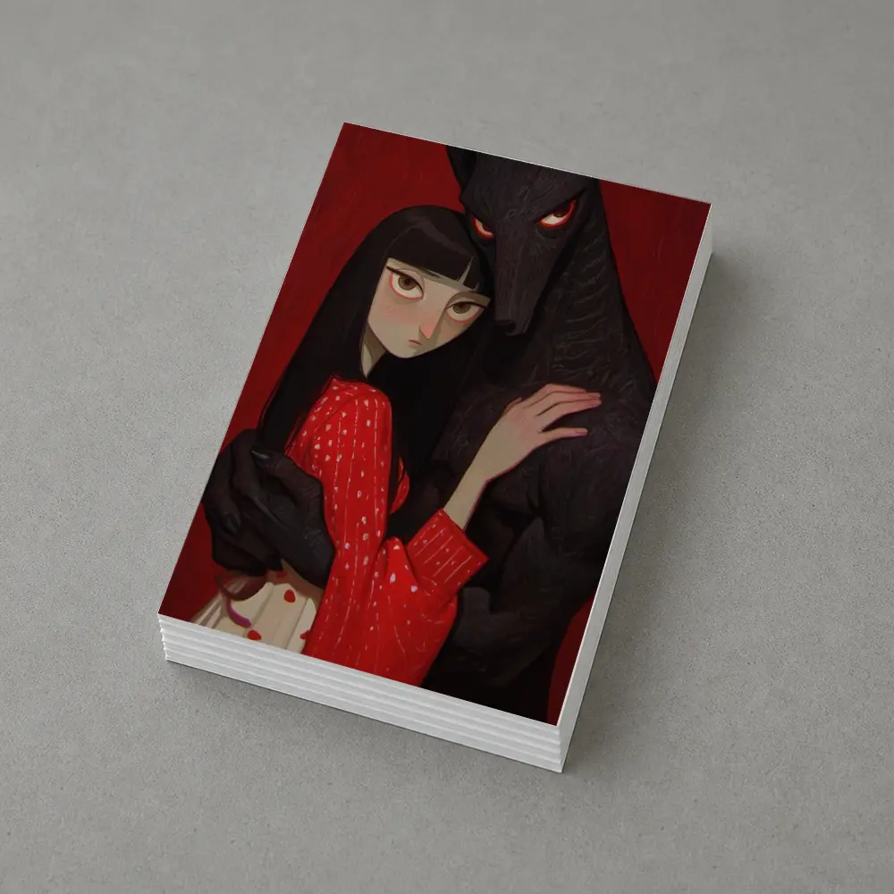 Dark Wolf Girl Red Background Gothic Art – Postcards