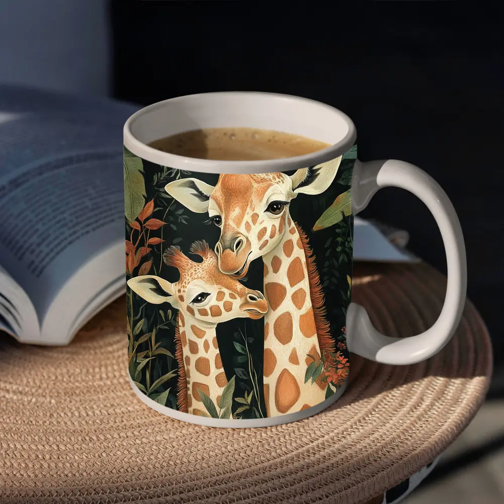 Mother and Baby Giraffe Jungle Illustration – Mugs