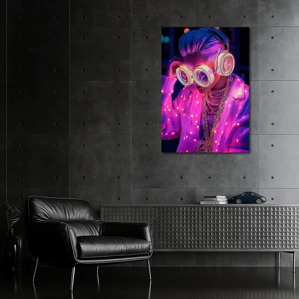 Neon Cyberpunk Girl Glowing Goggles Pink Light – Wall Art