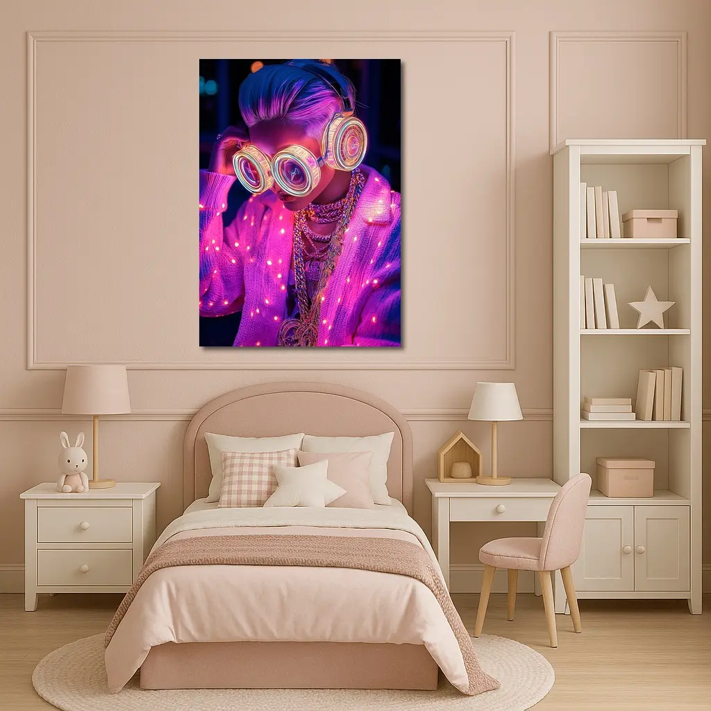 Neon Cyberpunk Girl Glowing Goggles Pink Light – Wall Art