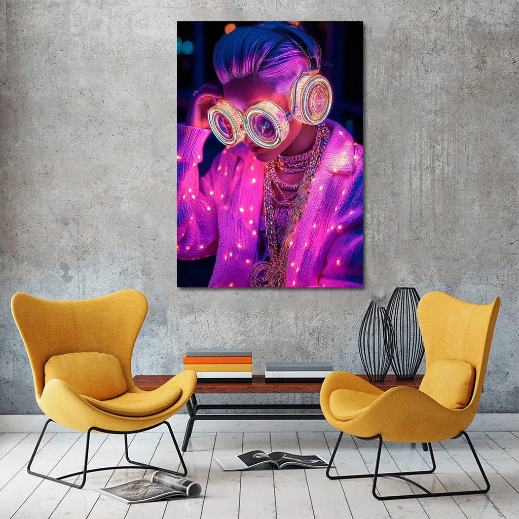 Neon Cyberpunk Girl Glowing Goggles Pink Light – Wall Art