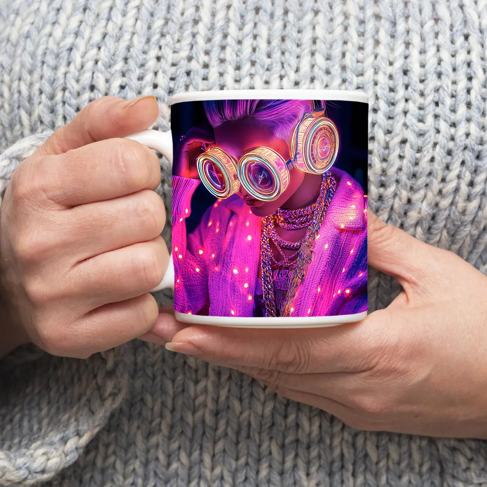 Neon Cyberpunk Girl Glowing Goggles Pink Light – Mugs