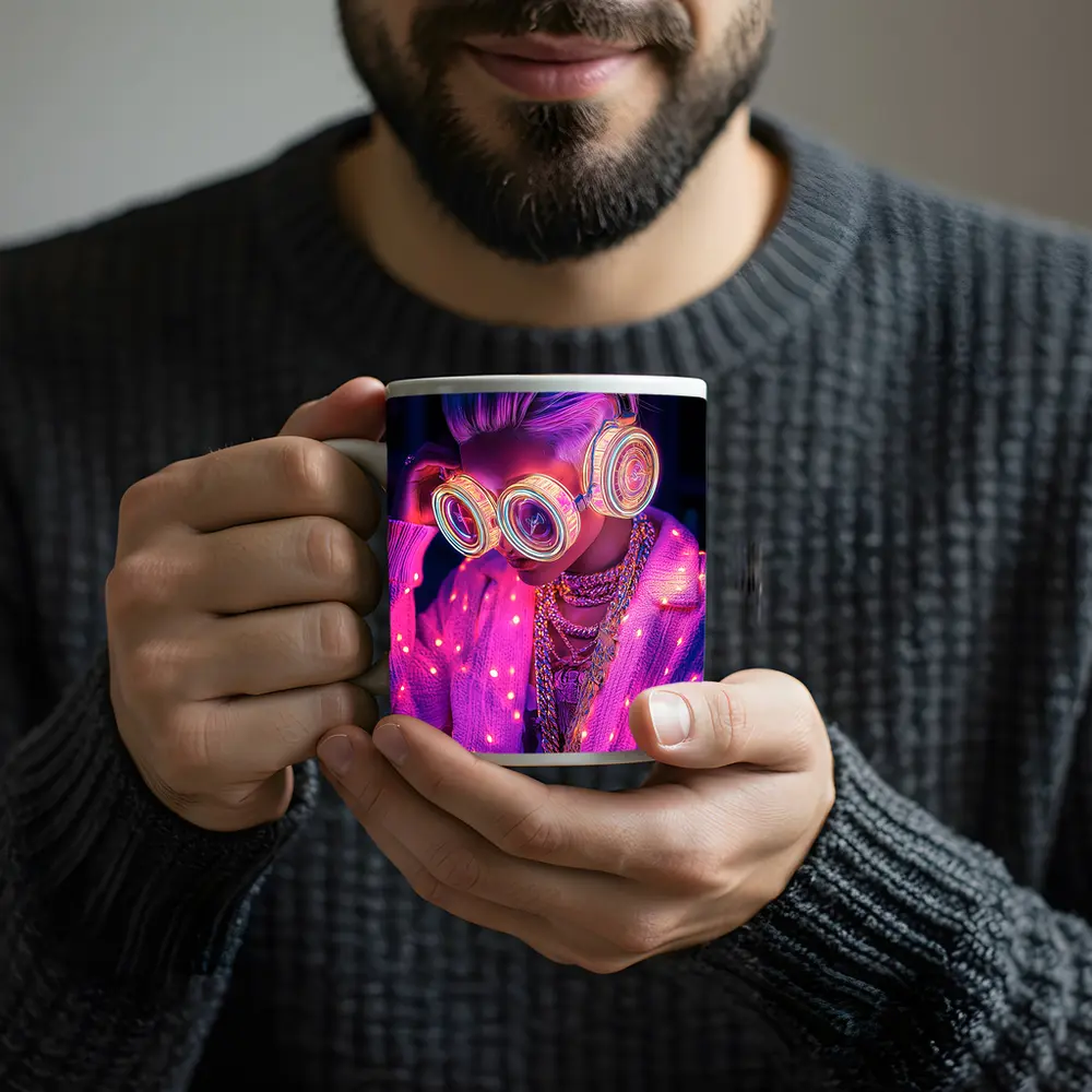 Neon Cyberpunk Girl Glowing Goggles Pink Light – Mugs