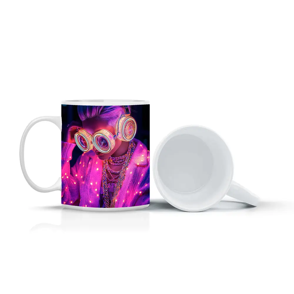 Neon Cyberpunk Girl Glowing Goggles Pink Light – Mugs