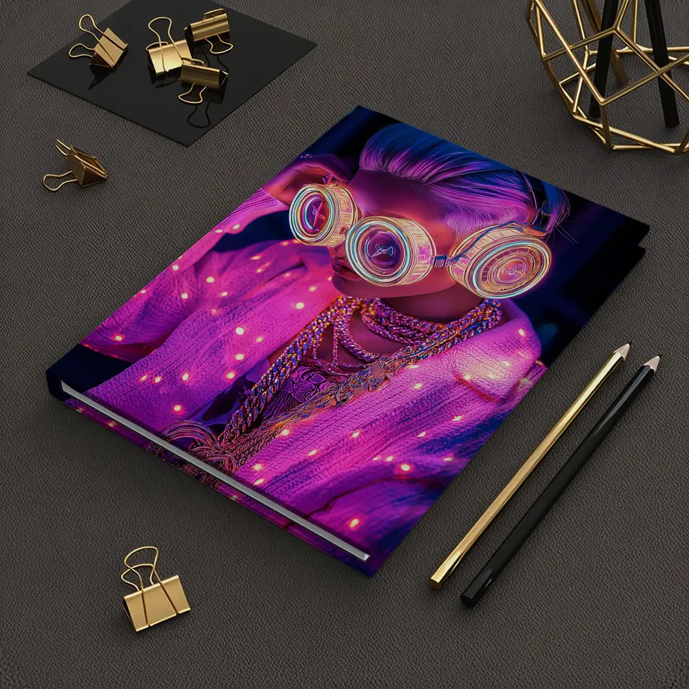 Neon Cyberpunk Girl Glowing Goggles Pink Light – Notebooks