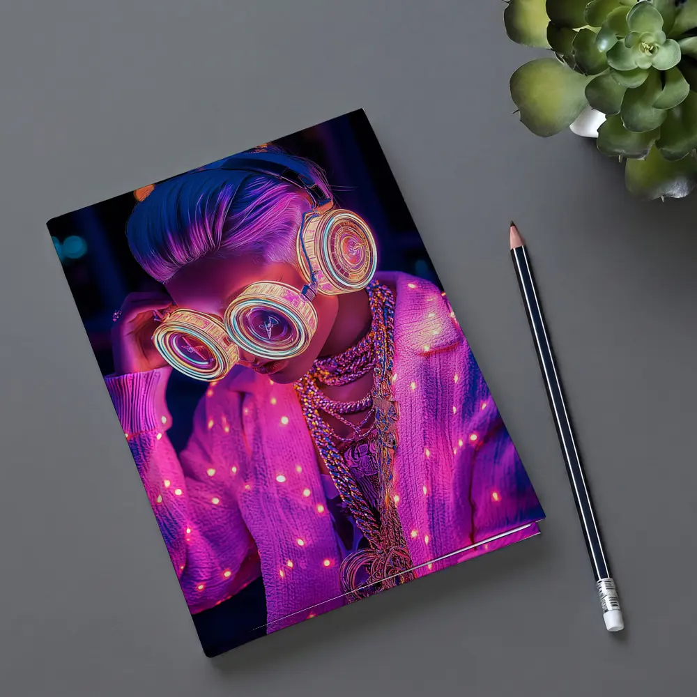 Neon Cyberpunk Girl Glowing Goggles Pink Light – Notebooks