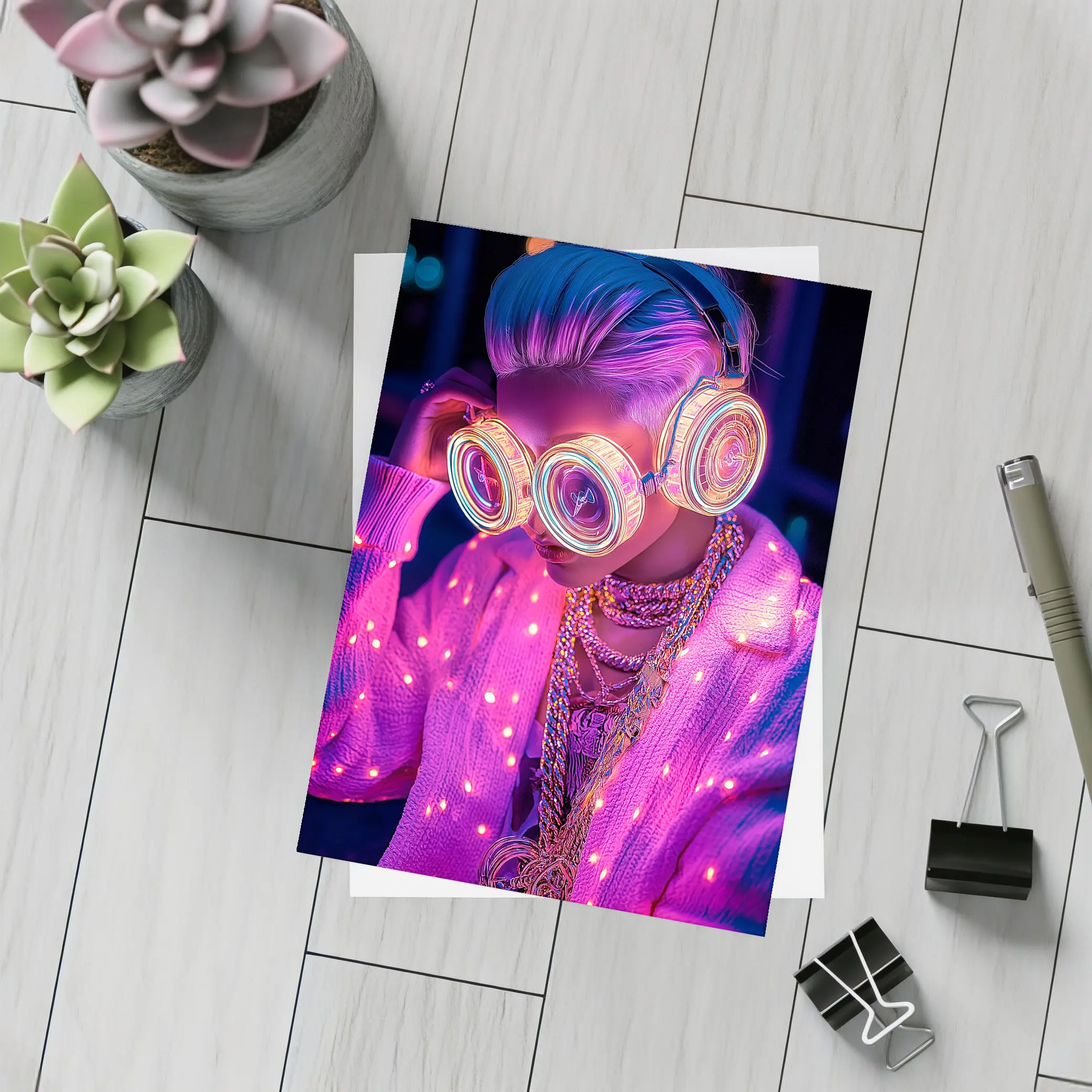 Neon Cyberpunk Girl Glowing Goggles Pink Light – Postcards