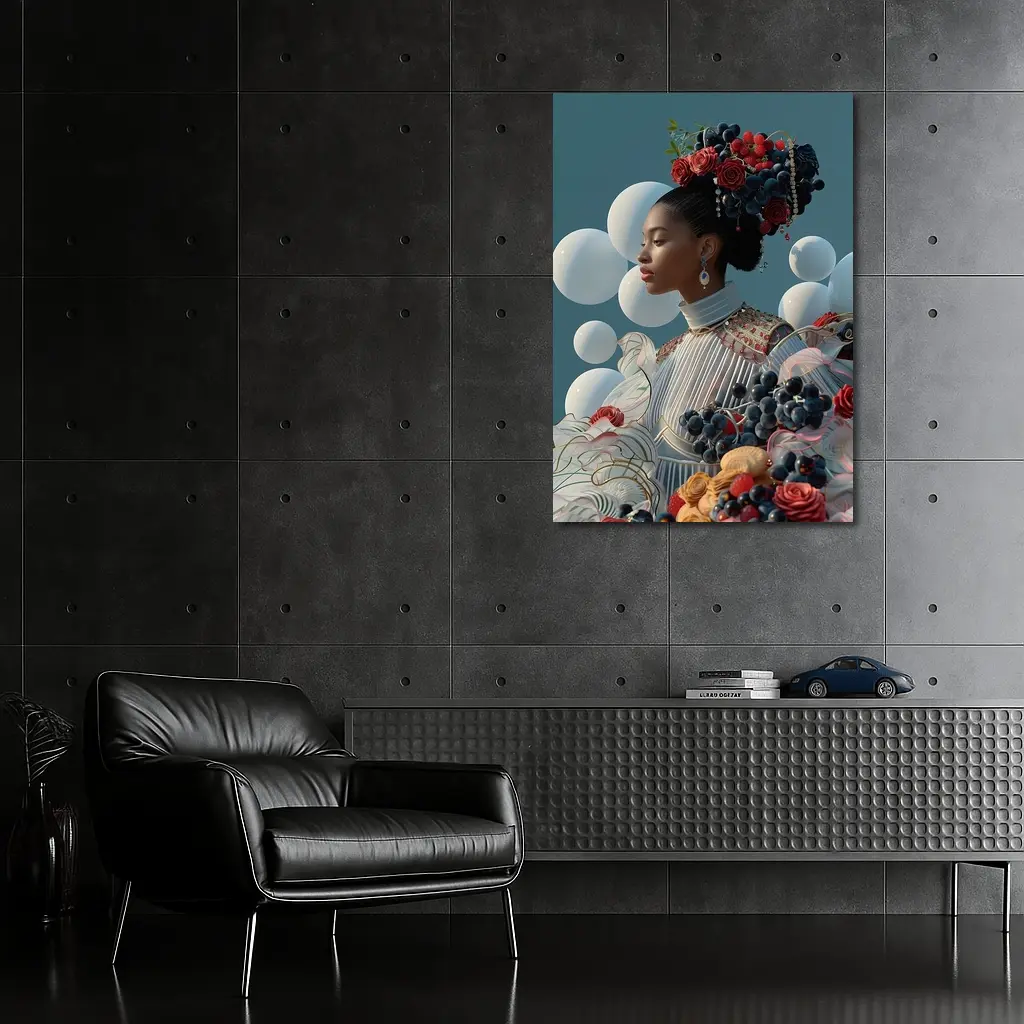 Woman With Fruit Flowers Surreal Blue Background – Wall Art