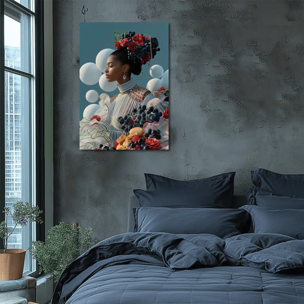 Woman With Fruit Flowers Surreal Blue Background – Wall Art