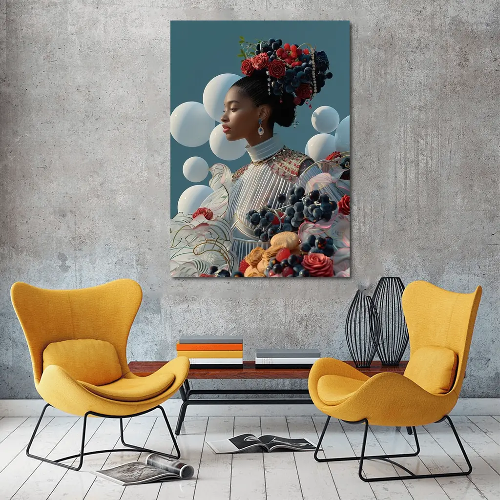 Woman With Fruit Flowers Surreal Blue Background – Wall Art