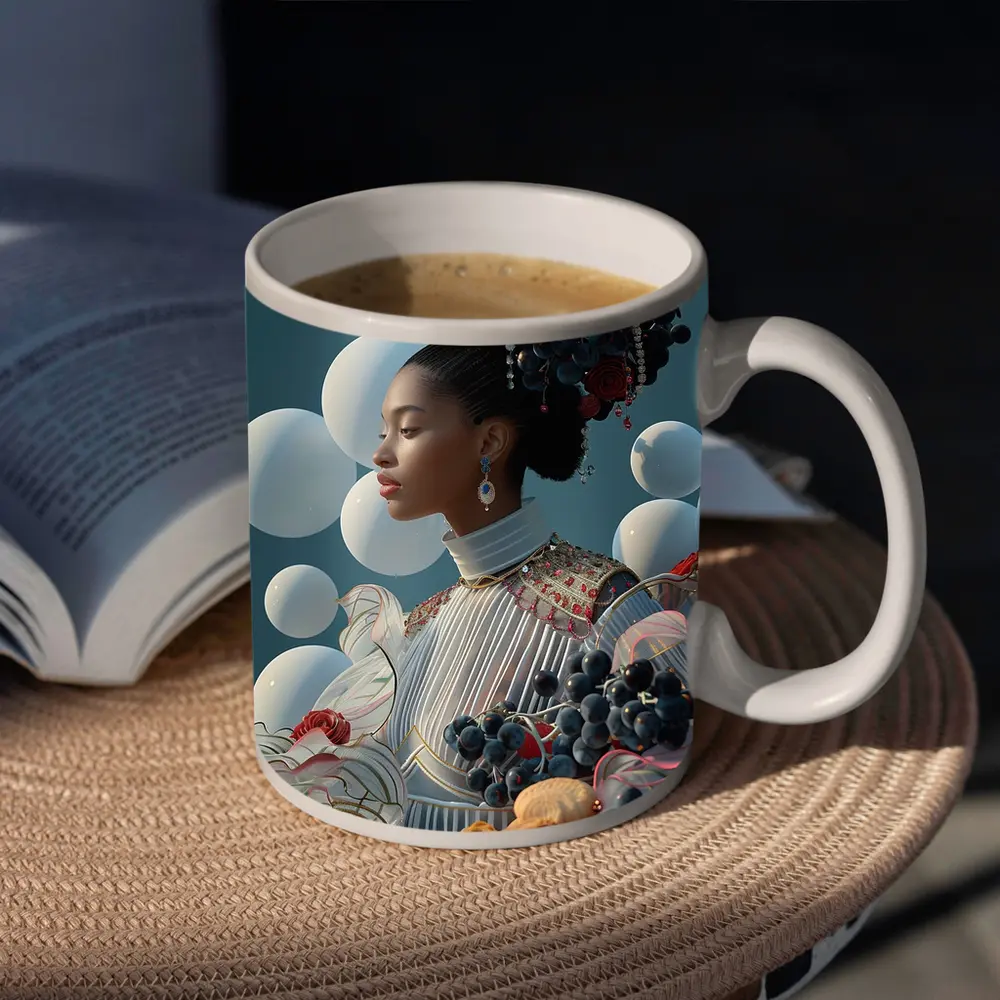 Woman With Fruit Flowers Surreal Blue Background – Mugs