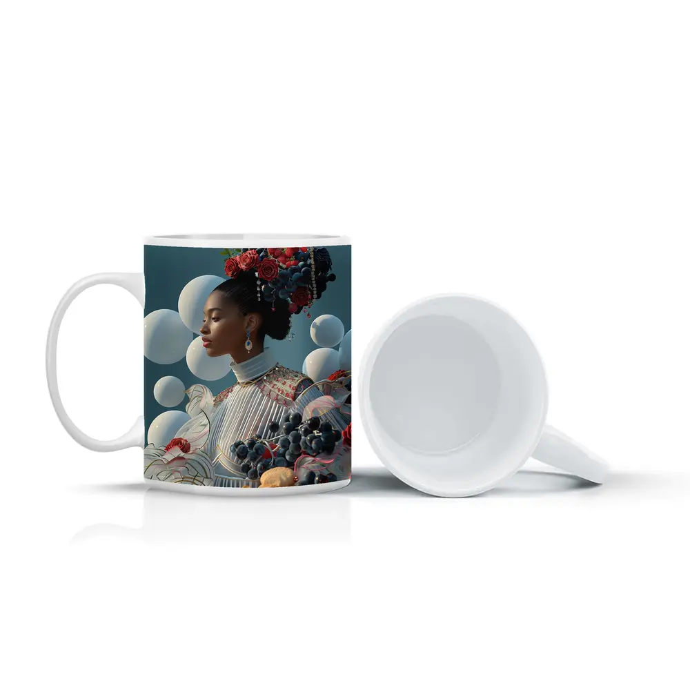 Woman With Fruit Flowers Surreal Blue Background – Mugs