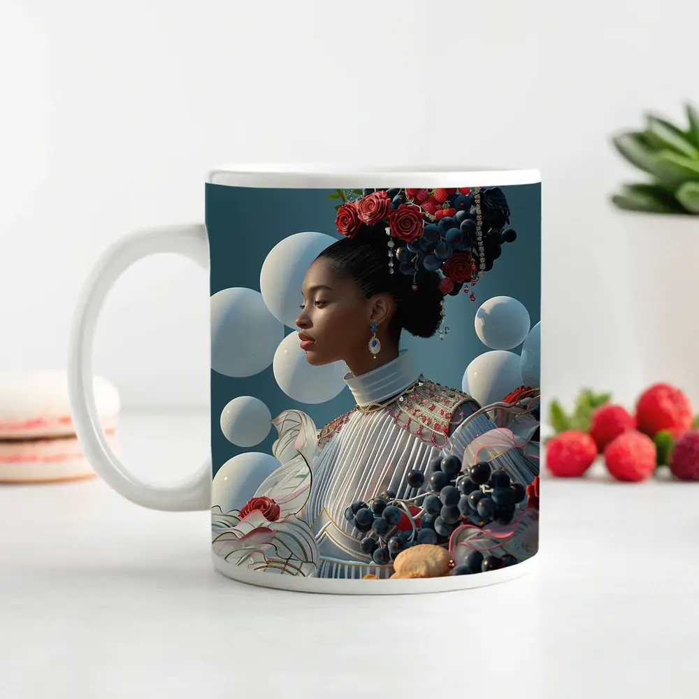 Woman With Fruit Flowers Surreal Blue Background – Mugs