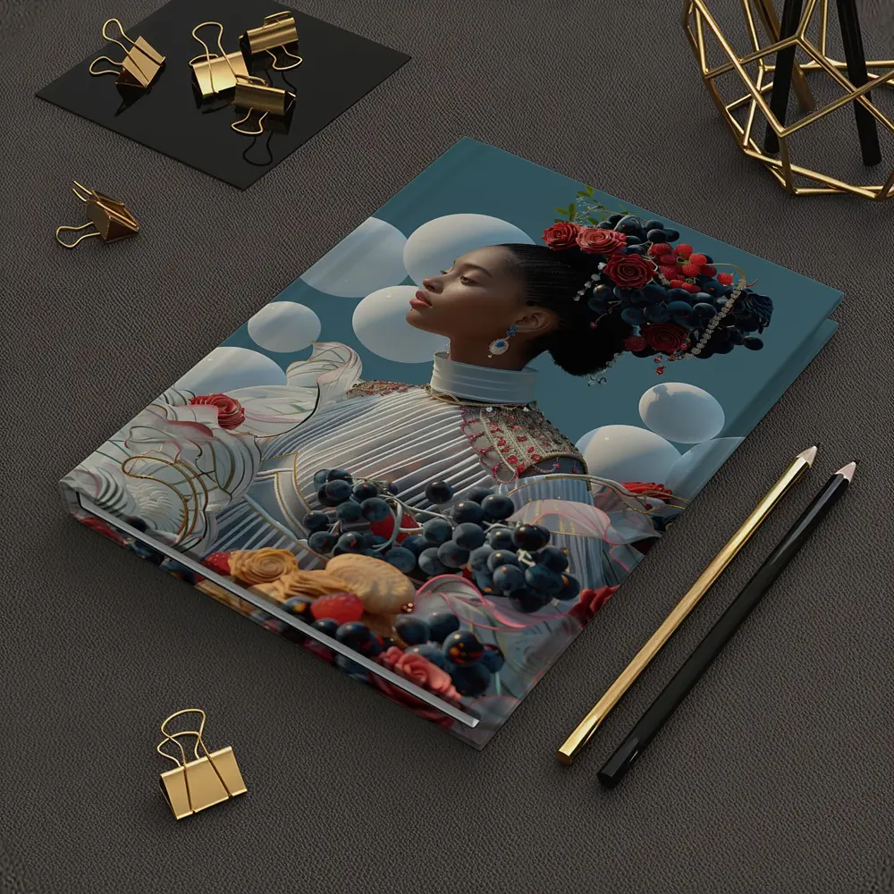 Woman With Fruit Flowers Surreal Blue Background – Notebooks