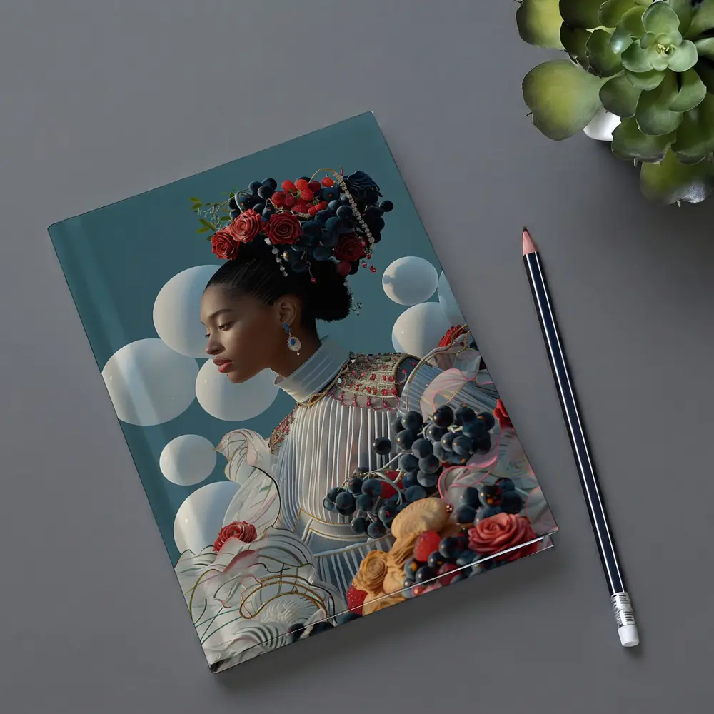 Woman With Fruit Flowers Surreal Blue Background – Notebooks