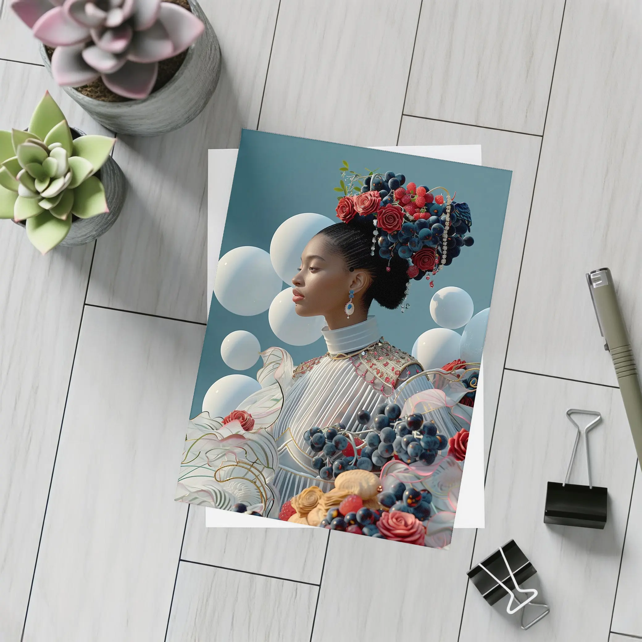 Woman With Fruit Flowers Surreal Blue Background – Postcards