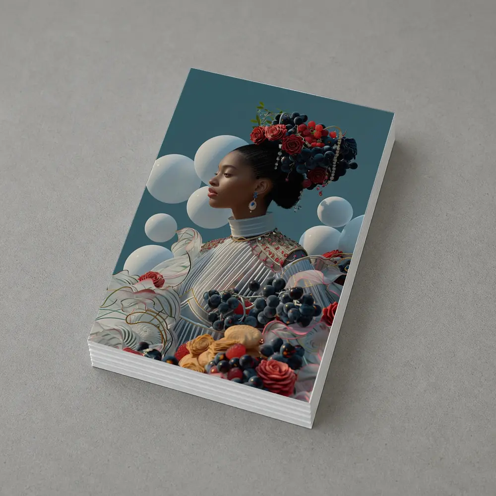 Woman With Fruit Flowers Surreal Blue Background – Postcards
