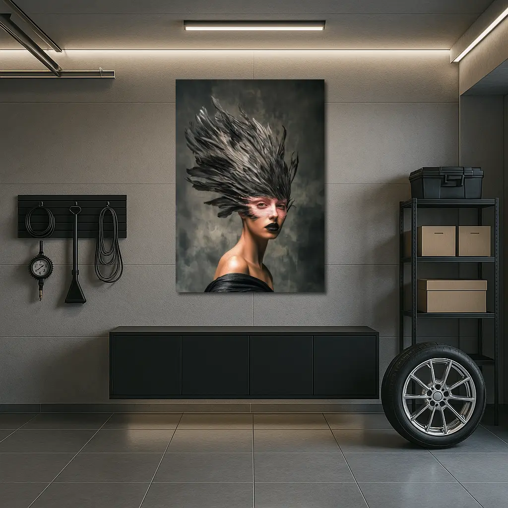 Dark Feather Headdress Woman Gray Background – Wall Art