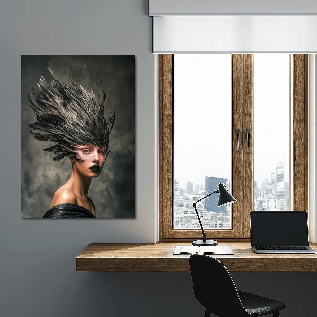 Dark Feather Headdress Woman Gray Background – Wall Art