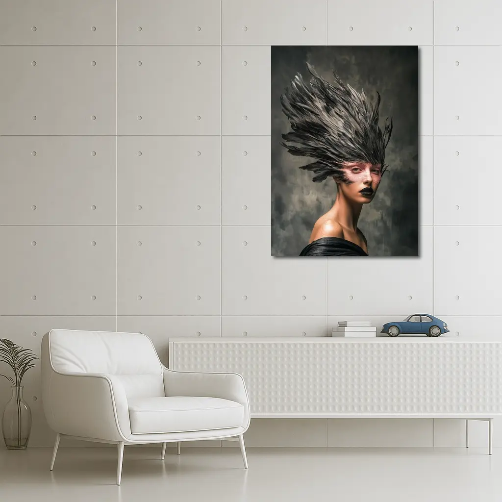 Dark Feather Headdress Woman Gray Background – Wall Art