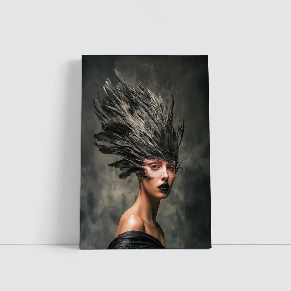 Dark Feather Headdress Woman Gray Background – Wall Art