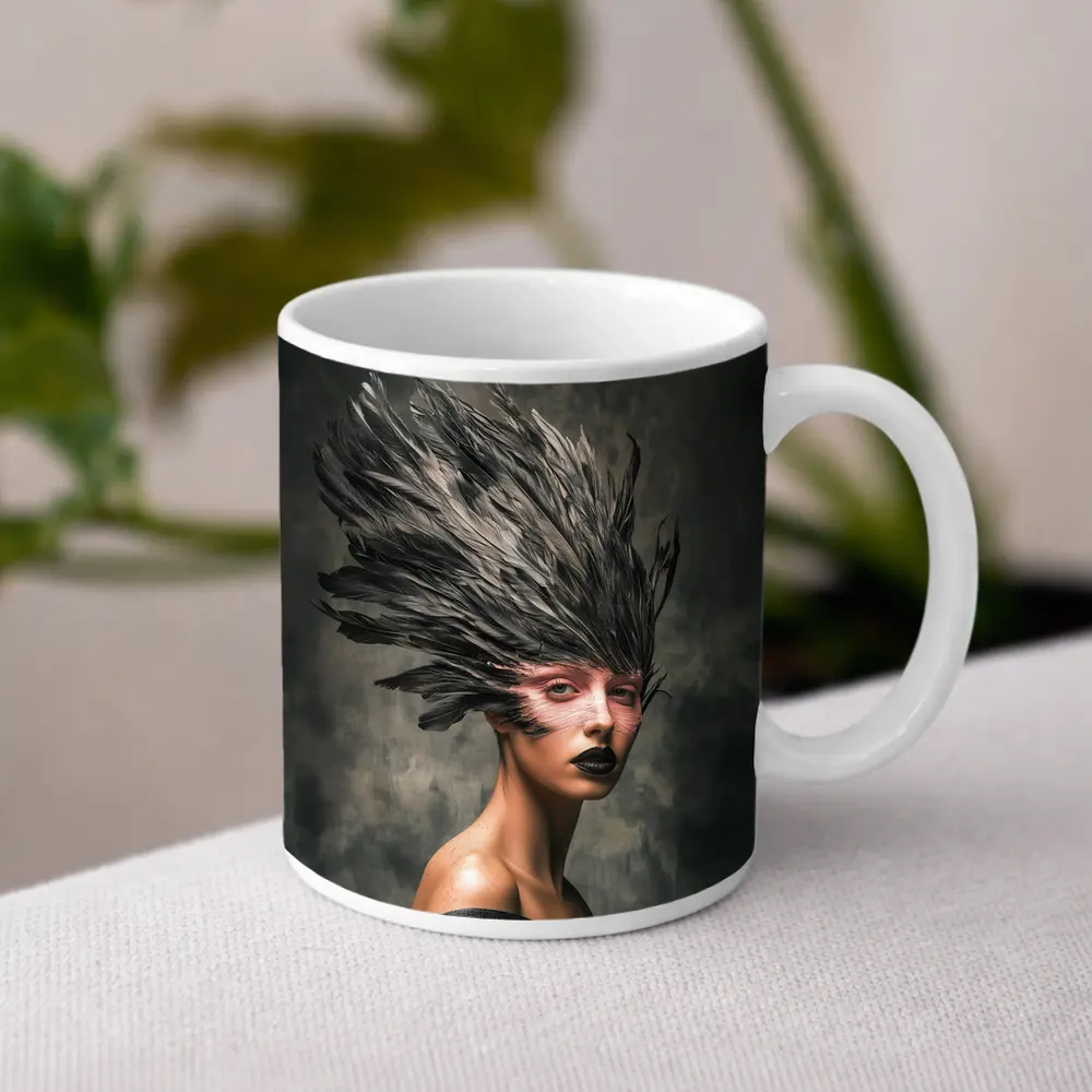 Dark Feather Headdress Woman Gray Background – Mugs