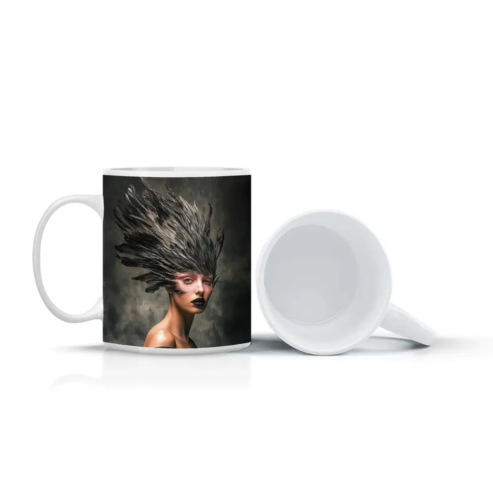 Dark Feather Headdress Woman Gray Background – Mugs