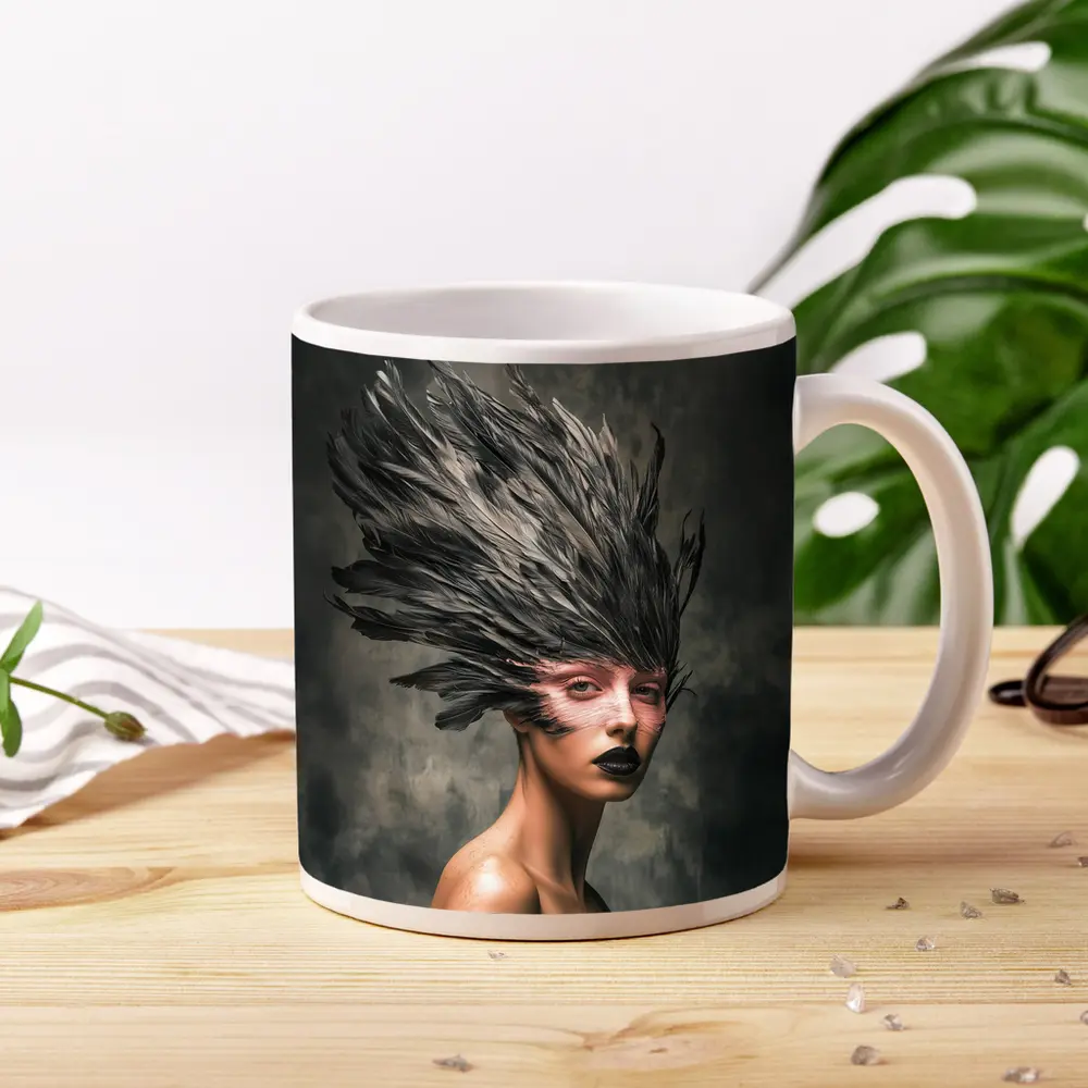 Dark Feather Headdress Woman Gray Background – Mugs