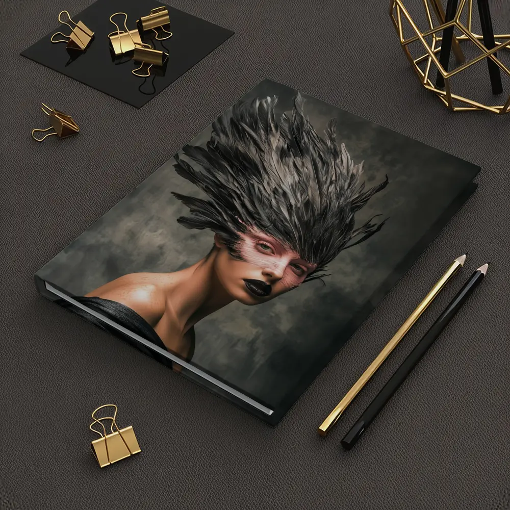 Dark Feather Headdress Woman Gray Background – Notebooks