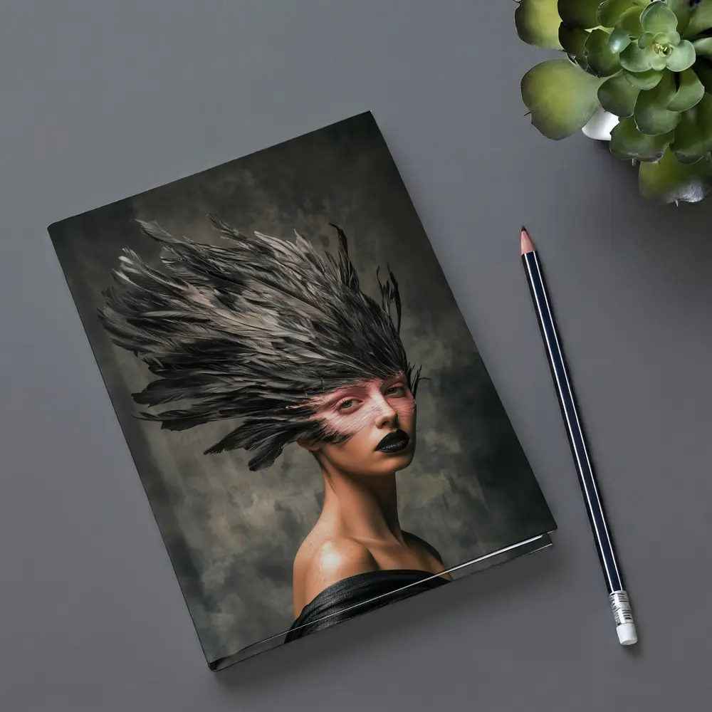 Dark Feather Headdress Woman Gray Background – Notebooks