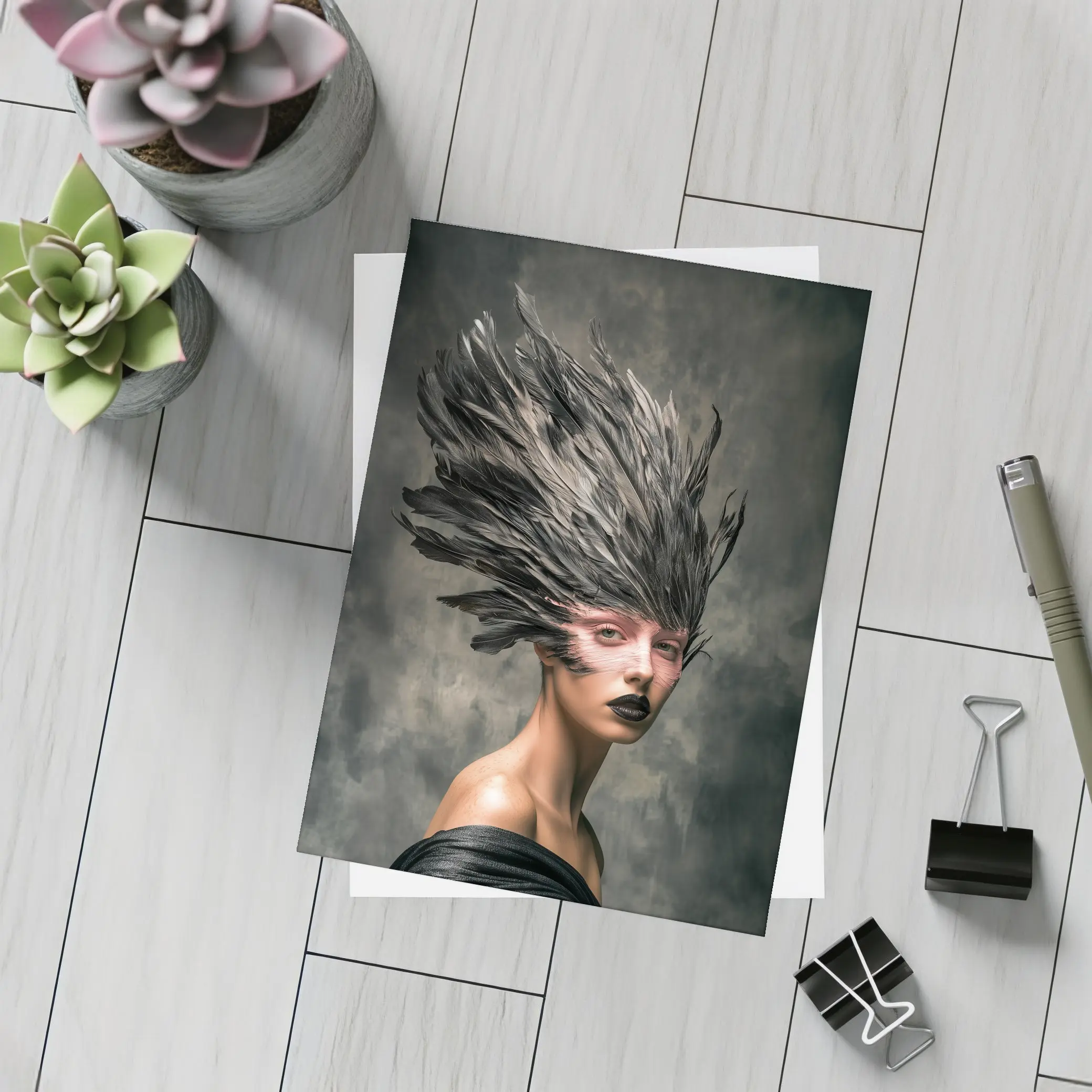 Dark Feather Headdress Woman Gray Background – Postcards